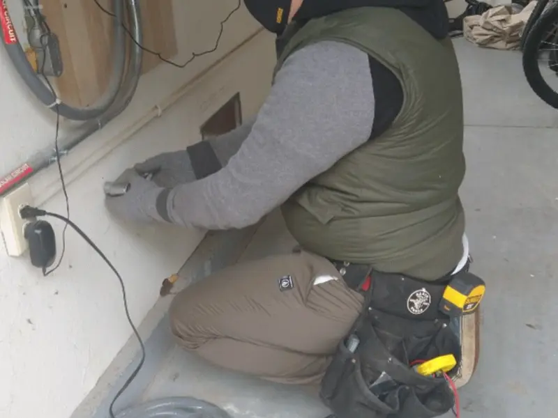Electrician performing outlet wiring in a Lowes Island garage